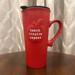 Teach Inspire Repeat Red Speckled Tall Mug with Lid
